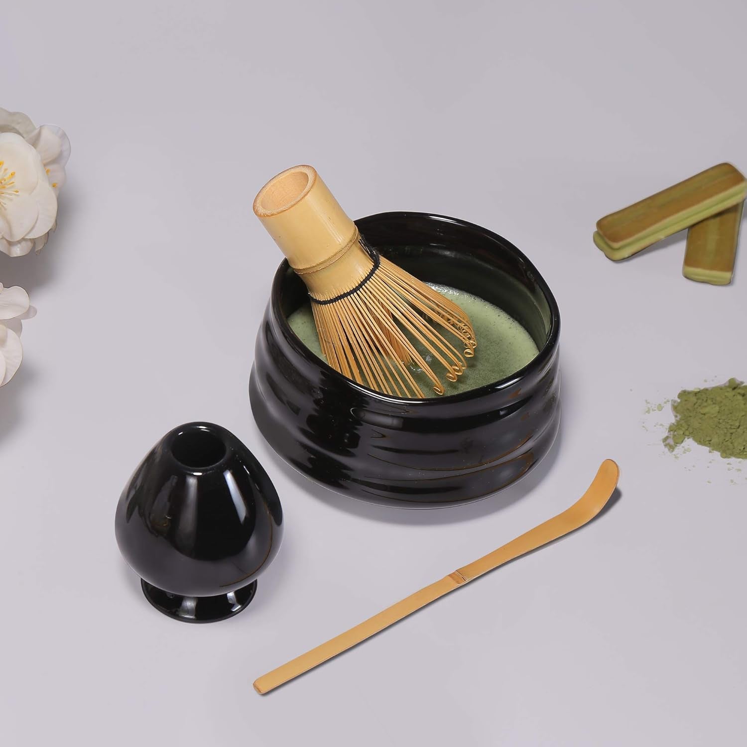 SRC Japanese Matcha Tea Set - Matcha Set with Matcha Whisk and Bowl | 5-Piece Matcha Kit with Bamboo Scoop & Matcha Whisk Holder | Matcha Tea Kit with Instructions inside Matcha Handbook (Black)