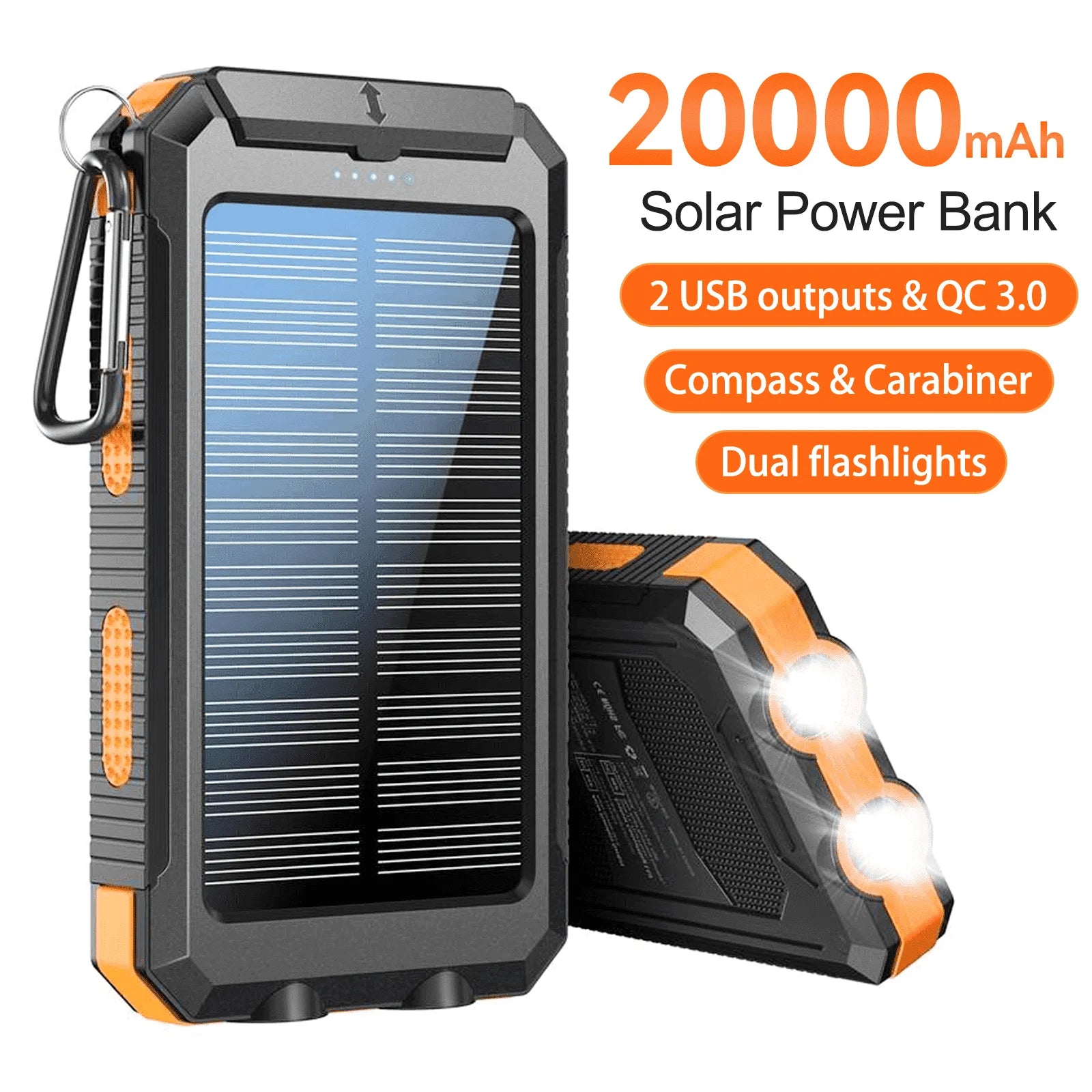Baokaler Solar Power Bank, Portable Charger, 20000Mah Solar Charger with LED Flashlight, IP65 Waterproof External Backup Battery Pack Perfect for Camping, Outdoor Activities