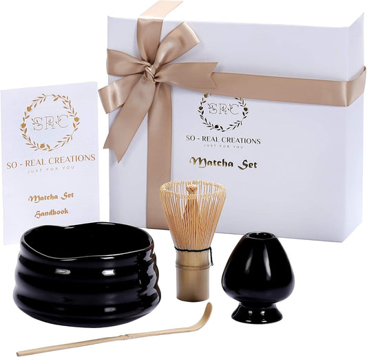 SRC Japanese Matcha Tea Set - Matcha Set with Matcha Whisk and Bowl | 5-Piece Matcha Kit with Bamboo Scoop & Matcha Whisk Holder | Matcha Tea Kit with Instructions inside Matcha Handbook (Black)