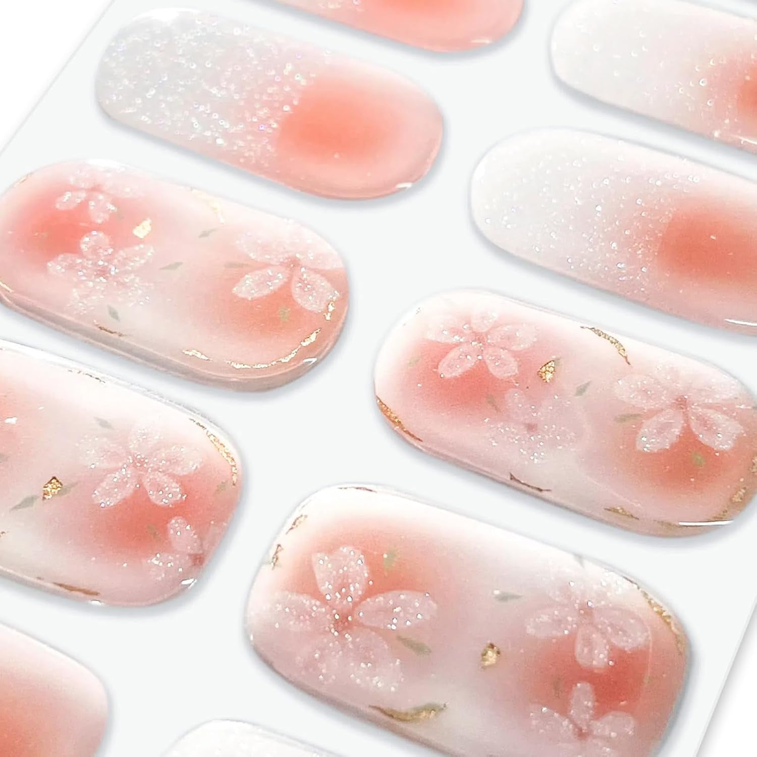 Semi Cured Gel Nail Strips, UV Nail Art Stickers, Gel Nail Wraps, Cherry Blossom, Pink, UV Curing Capability, 20Pcs