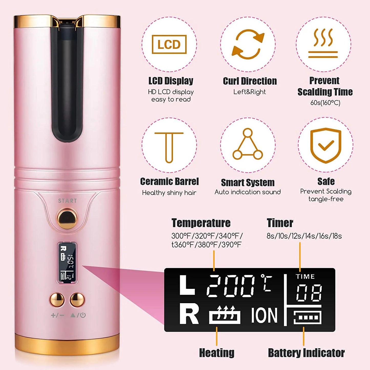 Cordless Curling Iron,Automatic Curling Iron, Curly Hair Iron,Portable Rechargeable Fast Heating Hair Curling Wand with 6 Temps, Timer Setting, LCD Display, Prevent Scalding, USB Charging