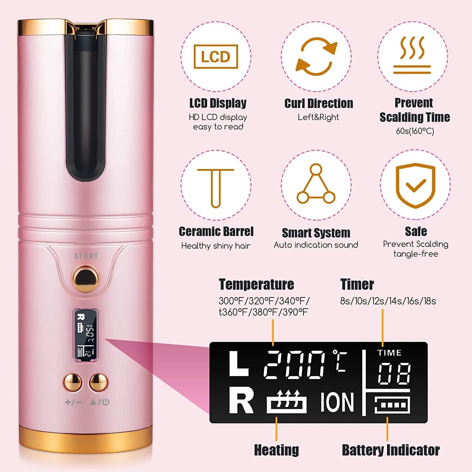 Cordless Curling Iron,Automatic Curling Iron, Curly Hair Iron,Portable Rechargeable Fast Heating Hair Curling Wand with 6 Temps, Timer Setting, LCD Display, Prevent Scalding, USB Charging