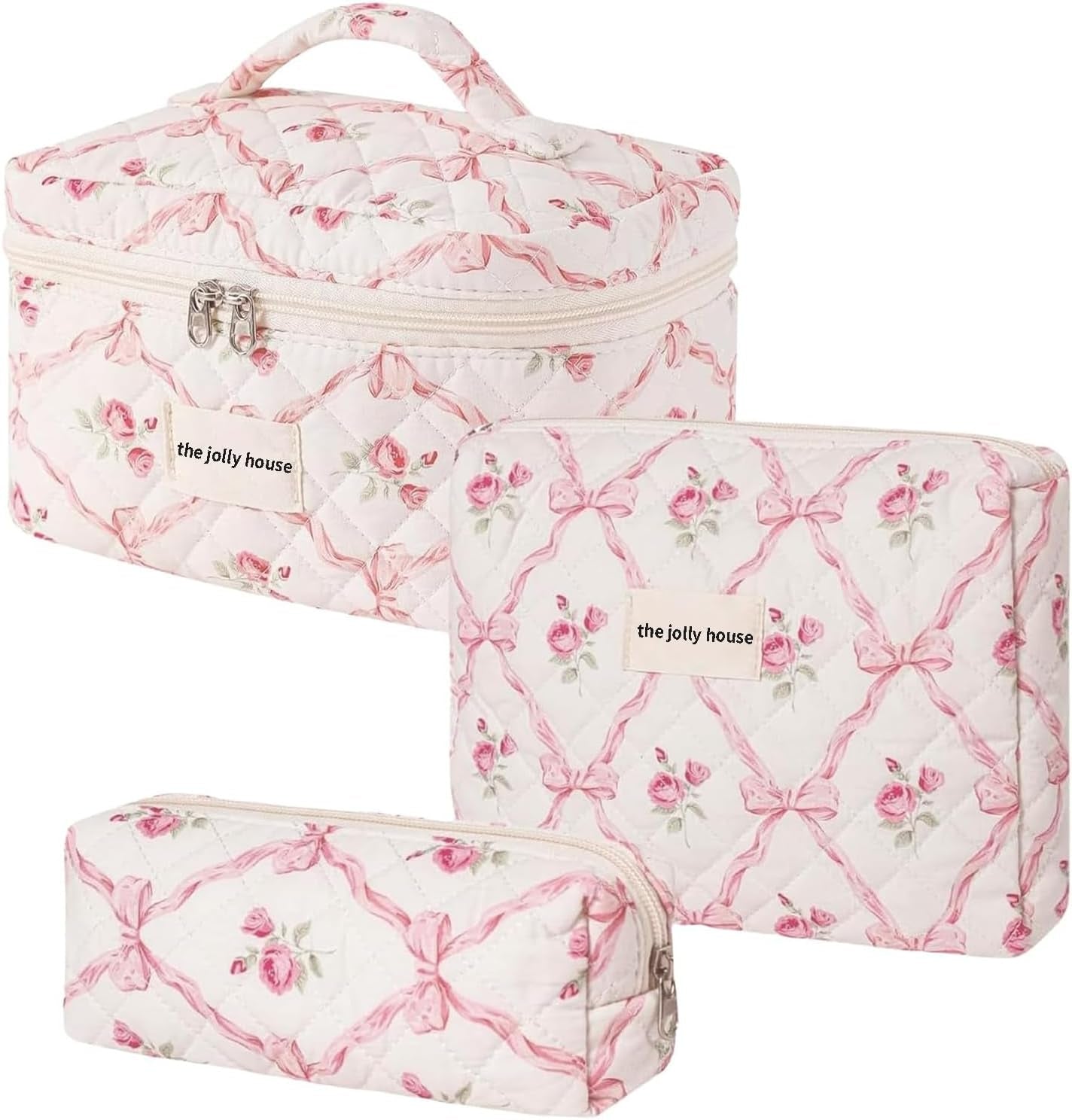 3PCS Cotton Quilted Floral Makeup Bag Set for Women Girls, Cute Make up Bags with Brush Pockets, Large Wide-Open Toiletry Pouch Gifts for Toiletries Accessories Travelling Essentials