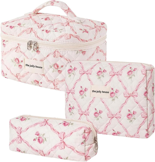 3PCS Cotton Quilted Floral Makeup Bag Set for Women Girls, Cute Make up Bags with Brush Pockets, Large Wide-Open Toiletry Pouch Gifts for Toiletries Accessories Travelling Essentials