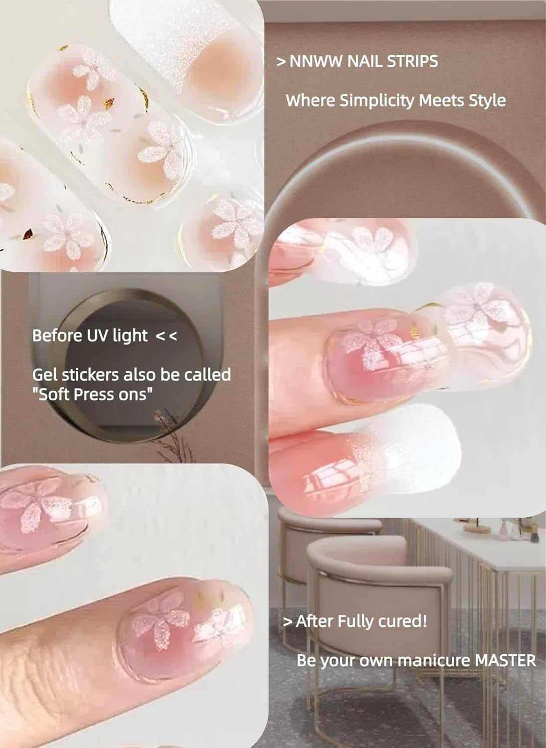 Semi Cured Gel Nail Strips, UV Nail Art Stickers, Gel Nail Wraps, Cherry Blossom, Pink, UV Curing Capability, 20Pcs