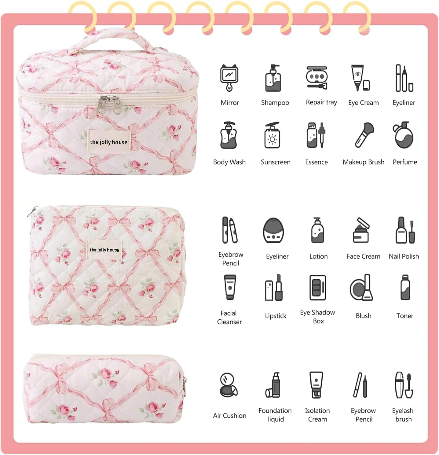 3PCS Cotton Quilted Floral Makeup Bag Set for Women Girls, Cute Make up Bags with Brush Pockets, Large Wide-Open Toiletry Pouch Gifts for Toiletries Accessories Travelling Essentials