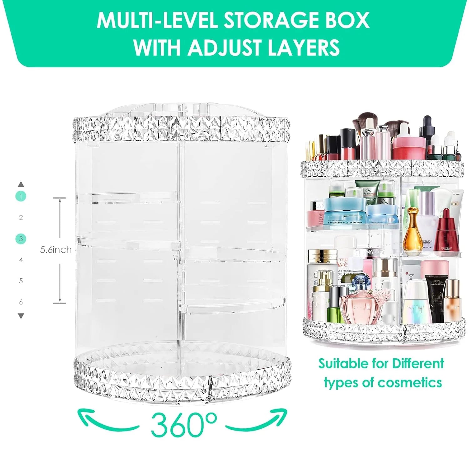 360 Rotating Makeup Organizer, Adjustable Storage Large Capacity Makeup Display Case Clear Acrylic Perfume Organizer Container for Cosmetic Brushes Lipsticks