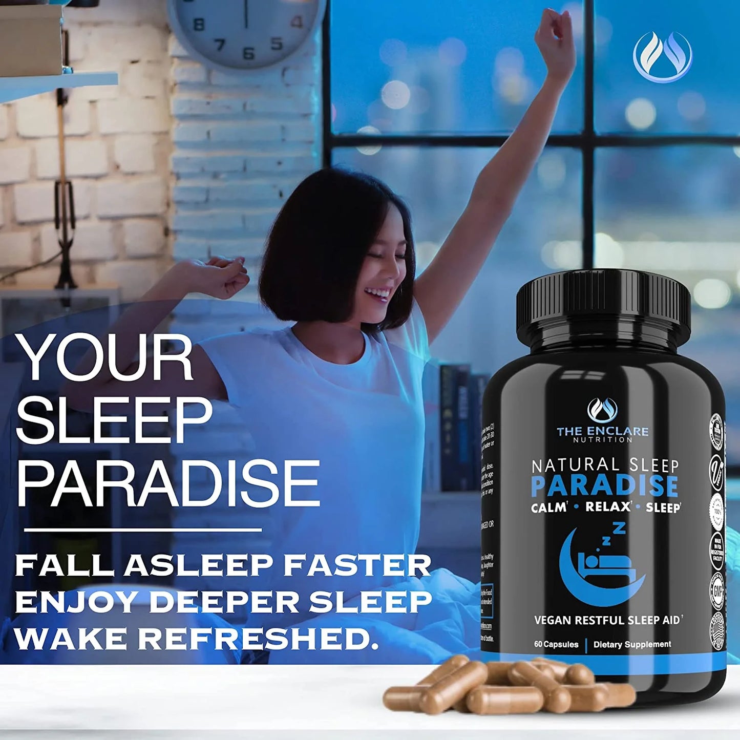 NATURAL SLEEP PARADISE - Sleep Aid for Adults with Melatonin 10Mg Dietary Supplement 1 Pack of 60 Capsules