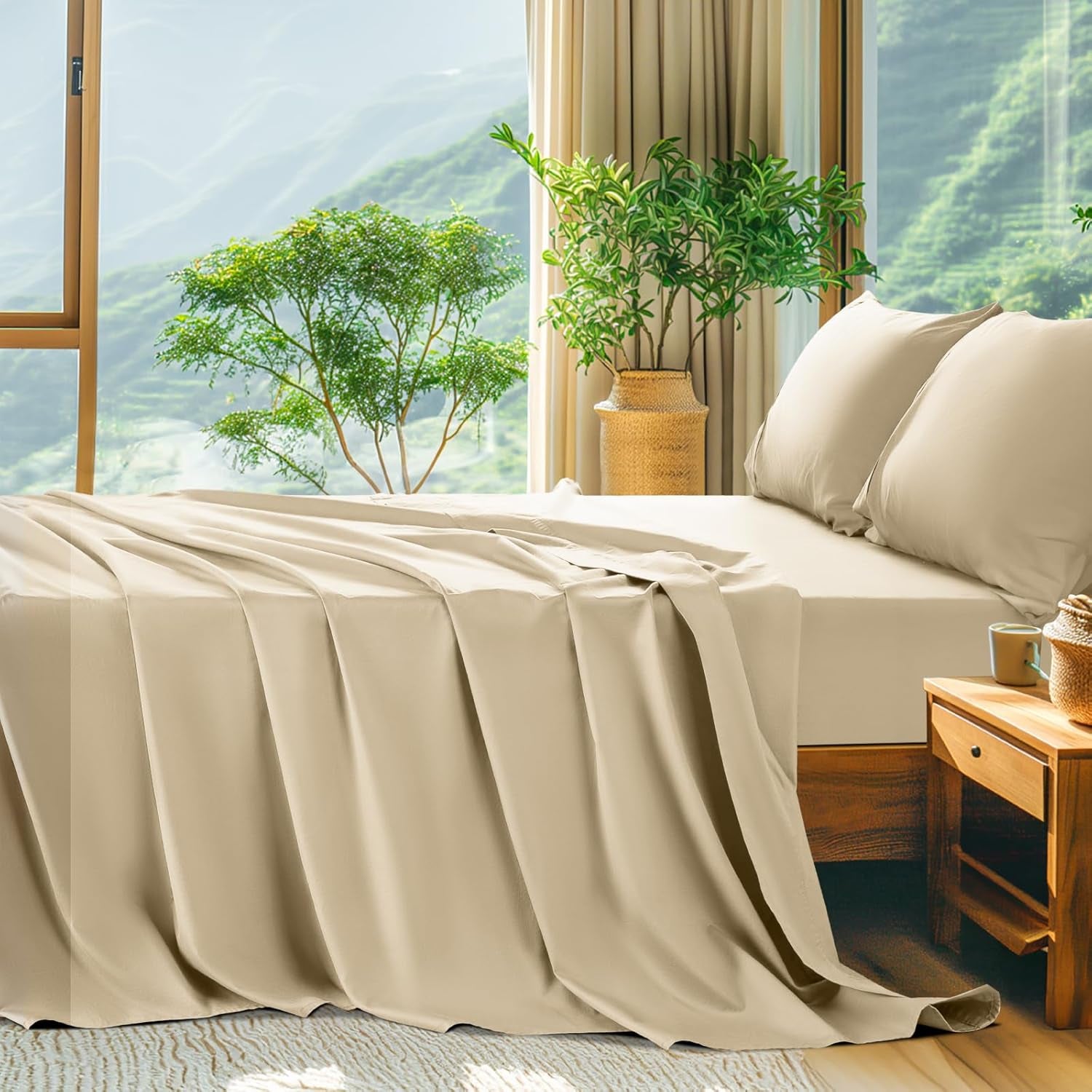 100% Egyptian Cotton Sheets King Size - 600 Thread Count, Luxury Hotel Quality Bedding Set, Soft Cooling Sateen Weave Bed Sheet Sets, 16" Deep Pocket - 4 Pc(Beige,King)