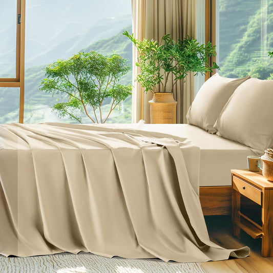 100% Egyptian Cotton Sheets King Size - 600 Thread Count, Luxury Hotel Quality Bedding Set, Soft Cooling Sateen Weave Bed Sheet Sets, 16" Deep Pocket - 4 Pc(Beige,King)