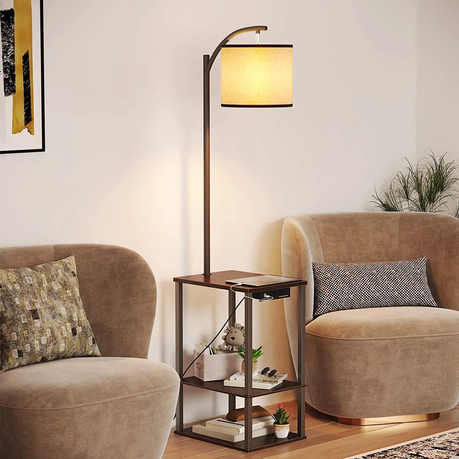 Floor Lamp with Table, End Table with Lamp for Living Room, Rustic End Table Lamp with Shelves, Walnut