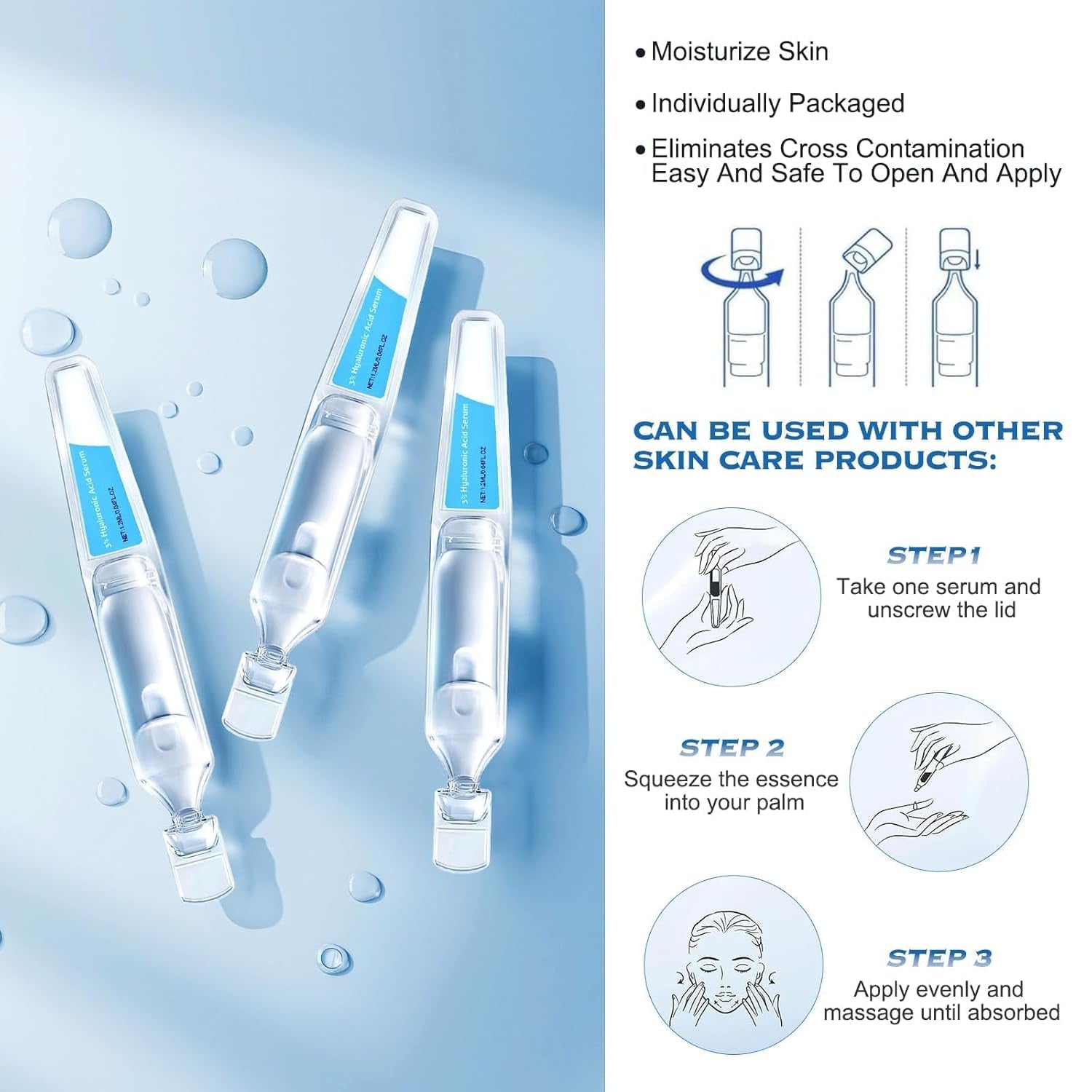 3% Hyaluronic Acid Serum Ultra-Hydrating Vials, Hyaluronic Acid Tubes, Hydrating Face Serum for Women anti Aging (1.2Ml * 60Pcs)