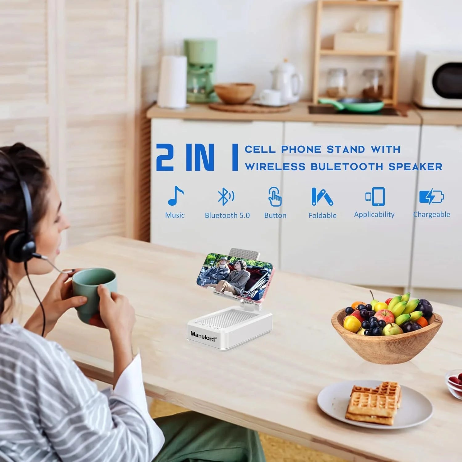 Portable Phone Stand with Speaker Bluetooth Wireless,Gifts for Men Women,Birthday for Women Men,Kitchen Gadgets for Men,Phone Holder for Desk - White