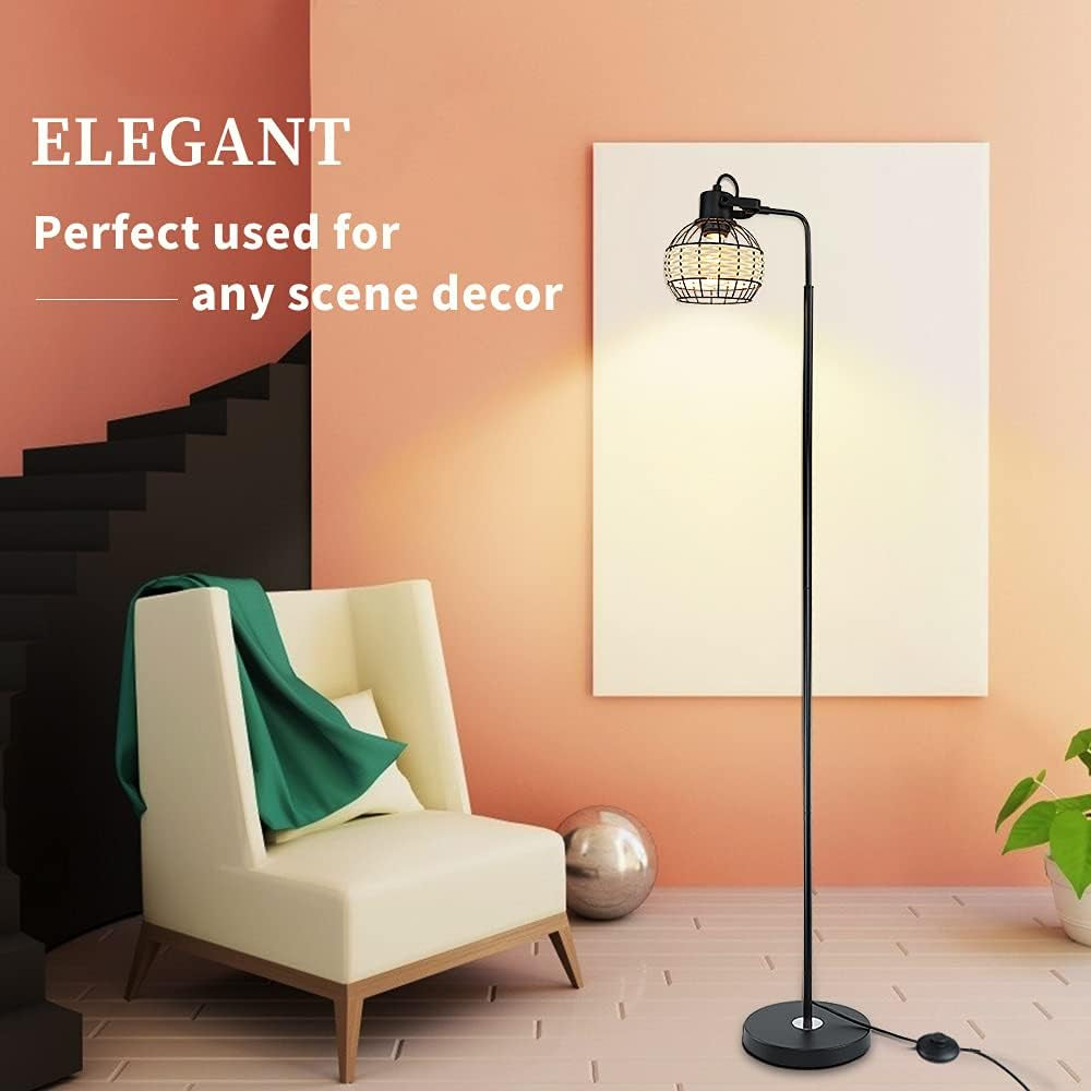 DLLT LED Floor Lamp, Adjustable Head Standing Lamp with Heavy Metal Based, Farmhouse Tall Rattan Floor Lamps Reading Lighting for Living Room, Bedroom, Study Room, Office, 8W 3000K E26 Bulb Included