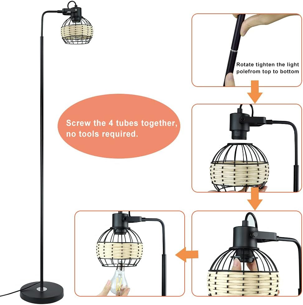 DLLT LED Floor Lamp, Adjustable Head Standing Lamp with Heavy Metal Based, Farmhouse Tall Rattan Floor Lamps Reading Lighting for Living Room, Bedroom, Study Room, Office, 8W 3000K E26 Bulb Included
