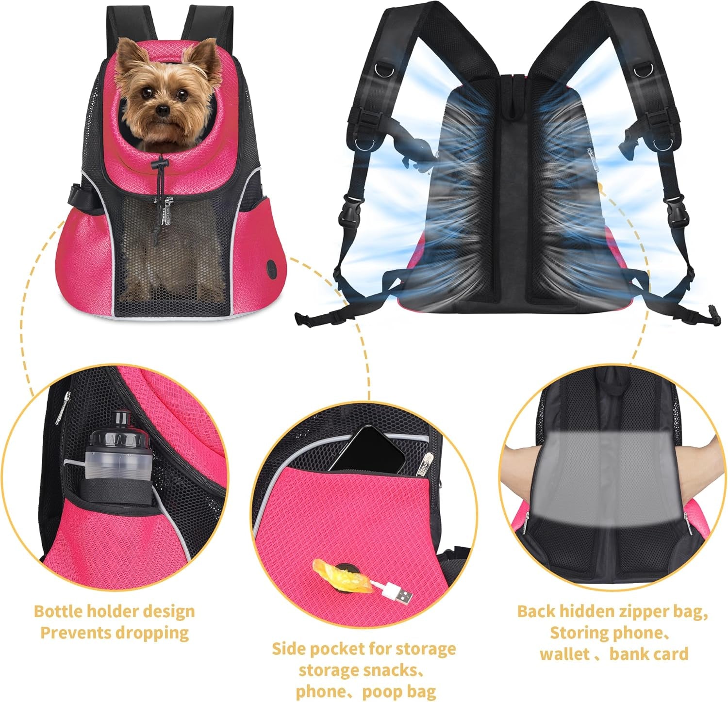 Pet Dog Carrier Backpack Small Dog Front Backpack Ventilated Mesh Dog Travel Back Pack with Safety Belt for Travel Hiking Cycling Outdoor Adventures (Size L: 10-14 Lbs, Rethink Pink)