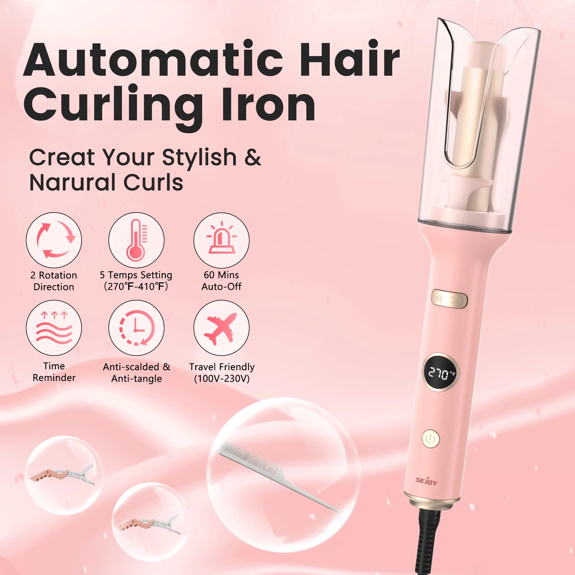 Automatic Curling Iron, Professional Anti-Tangle Auto Hair Curler with 1.0-Inch Large Rotating Barrel, 5 Temps & Timers & LED Display, Dual Voltage with Auto Shut-Off for Hair Styling,Pink
