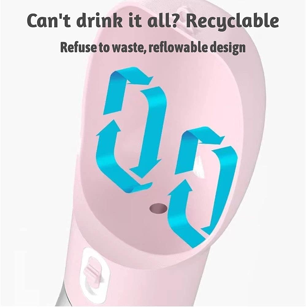 Portable Dog Water Bottle 4 in 1 Pet Portable Water Bottle,Leak-Proof Design,9 OZ Water Cup, 7.5 OZ Food Cup,Poop Shovel & Garbage Bag, Lightweight & Portable for Walking,Travel, Camping (Pink)
