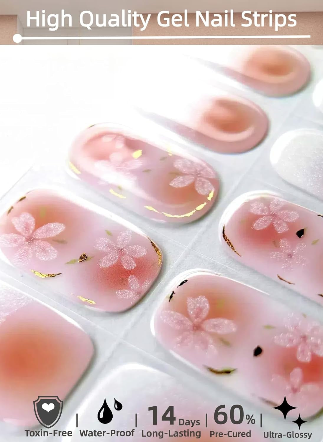 Semi Cured Gel Nail Strips, UV Nail Art Stickers, Gel Nail Wraps, Cherry Blossom, Pink, UV Curing Capability, 20Pcs