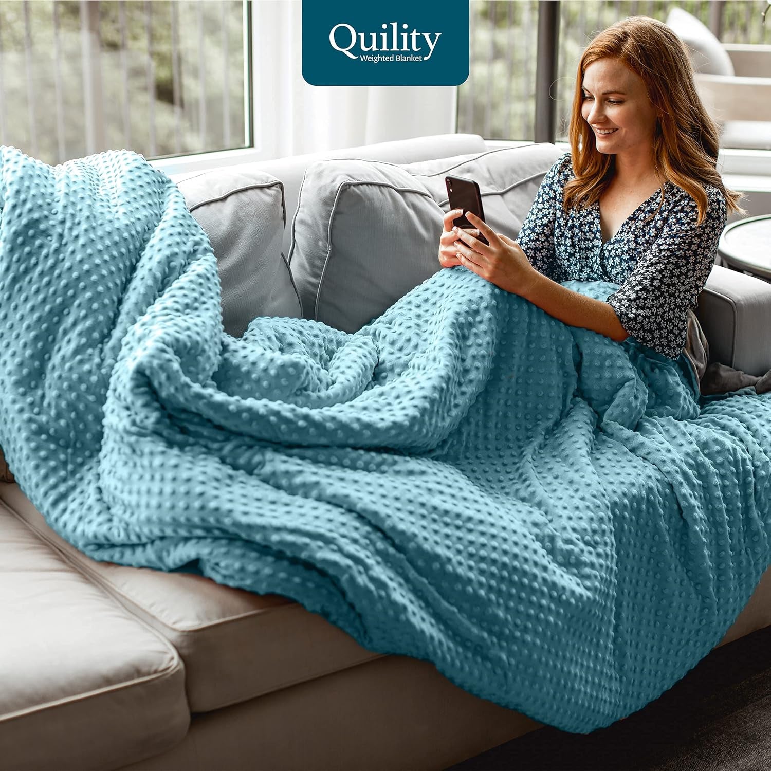 Weighted Blanket for Adults - 15 LB Queen Size Heavy Blanket for Cooling & Heating - 100% Cotton Big Blanket W/Glass Beads, Machine Washable Blankets - 60"X80", Aqua