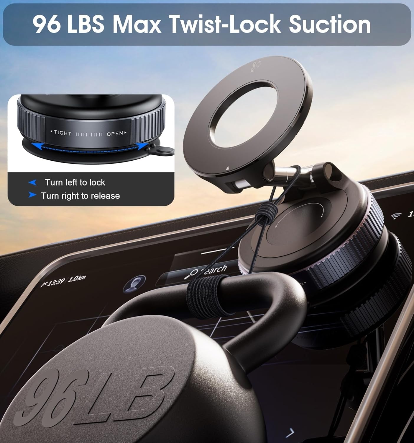 Strong Magnetic Car Phone Holder for Magsafe, Ultra Vacuum Suction Cup Black