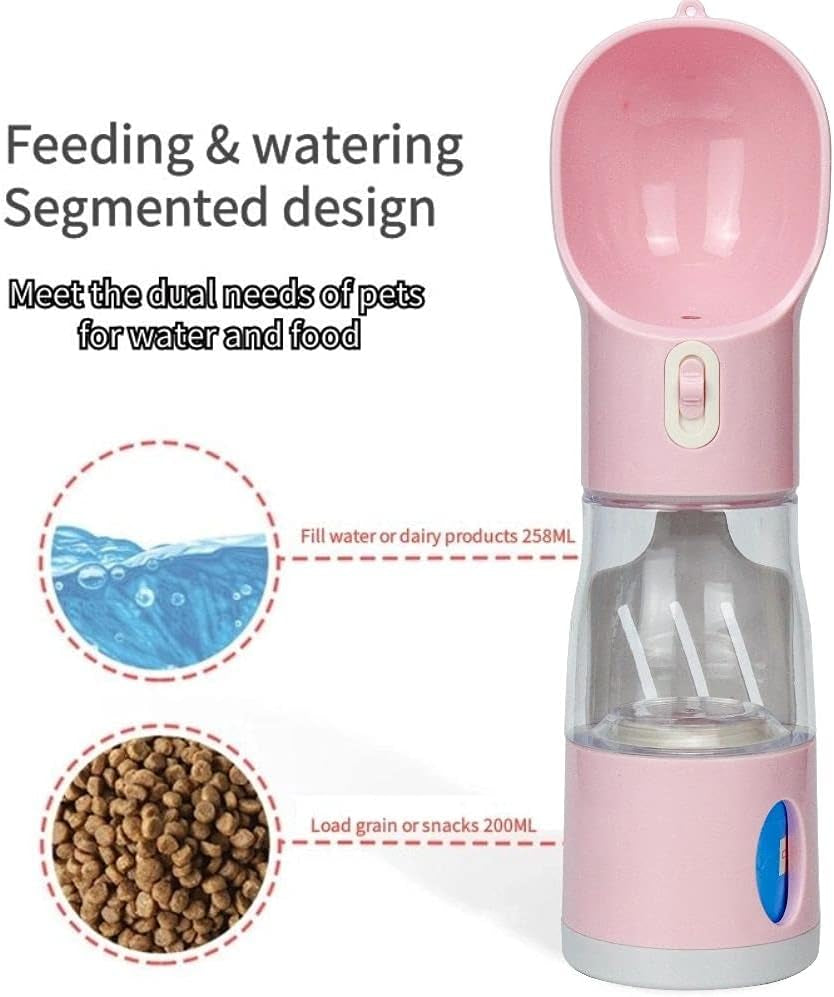 Portable Dog Water Bottle 4 in 1 Pet Portable Water Bottle,Leak-Proof Design,9 OZ Water Cup, 7.5 OZ Food Cup,Poop Shovel & Garbage Bag, Lightweight & Portable for Walking,Travel, Camping (Pink)