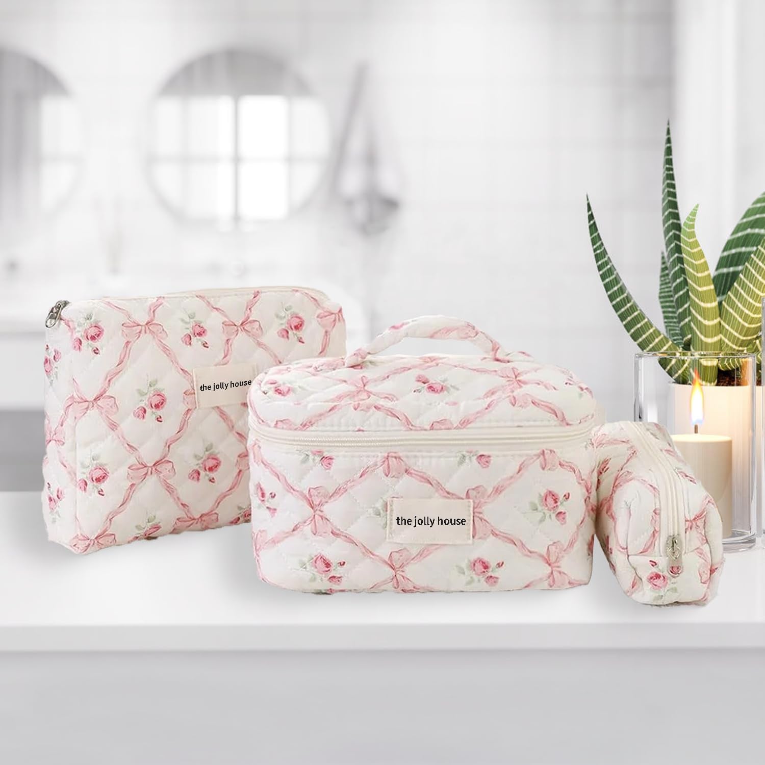 3PCS Cotton Quilted Floral Makeup Bag Set for Women Girls, Cute Make up Bags with Brush Pockets, Large Wide-Open Toiletry Pouch Gifts for Toiletries Accessories Travelling Essentials