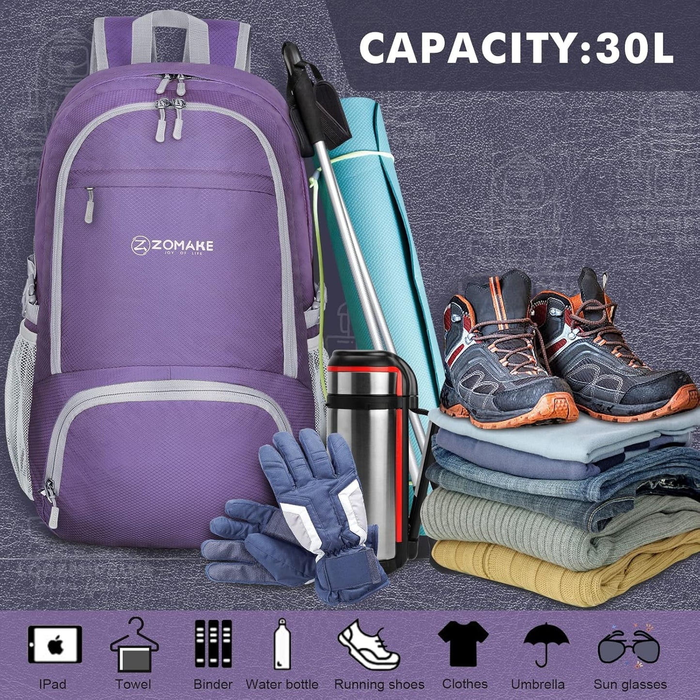 Lightweight Packable Backpack 30L - Foldable Hiking Backpacks Water Resistant Compact Folding Daypack for Travel(Purple)