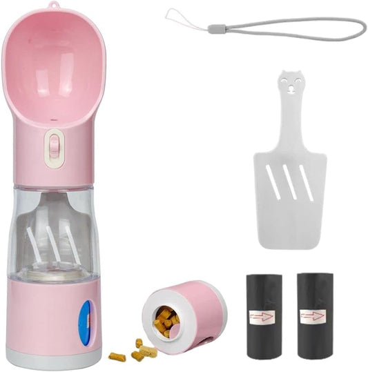 Portable Dog Water Bottle 4 in 1 Pet Portable Water Bottle,Leak-Proof Design,9 OZ Water Cup, 7.5 OZ Food Cup,Poop Shovel & Garbage Bag, Lightweight & Portable for Walking,Travel, Camping (Pink)