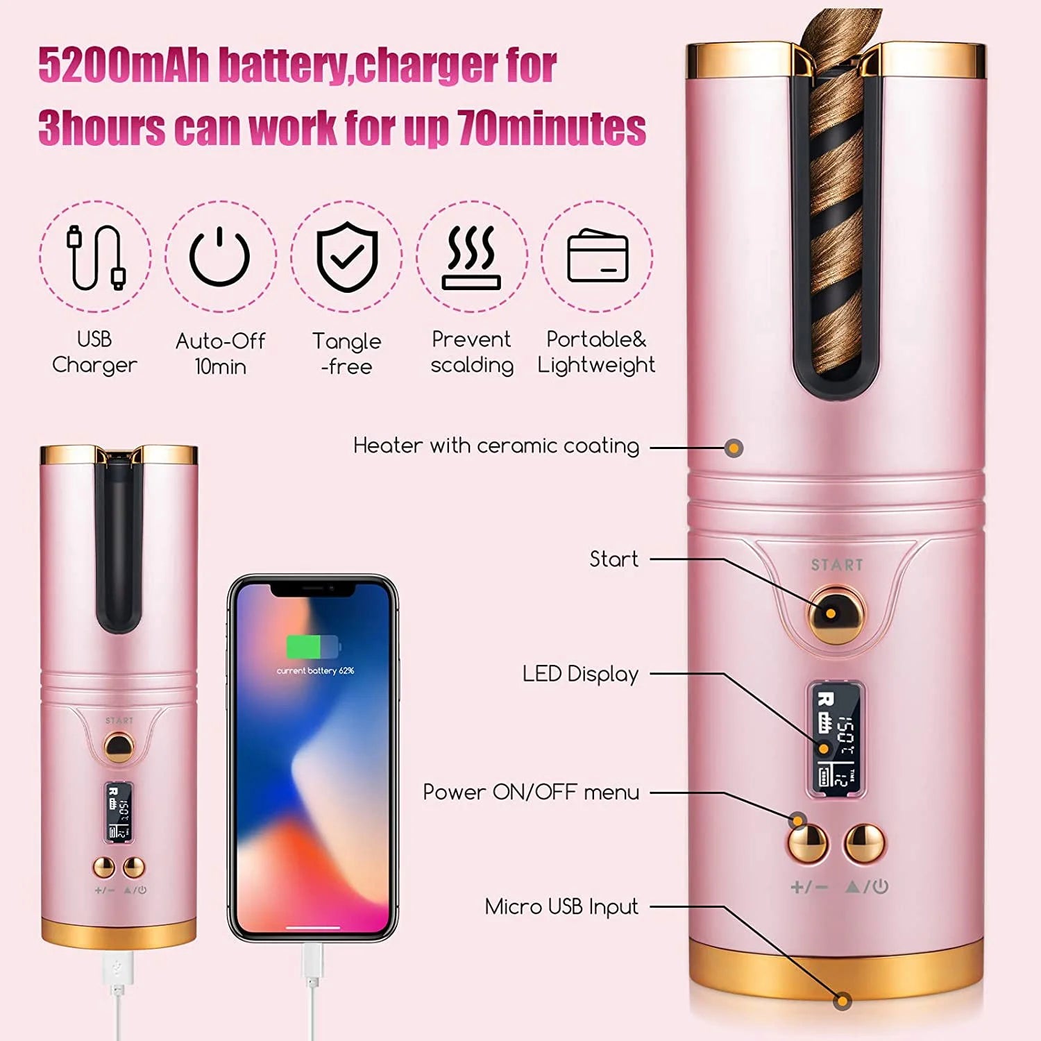 Cordless Curling Iron,Automatic Curling Iron, Curly Hair Iron,Portable Rechargeable Fast Heating Hair Curling Wand with 6 Temps, Timer Setting, LCD Display, Prevent Scalding, USB Charging