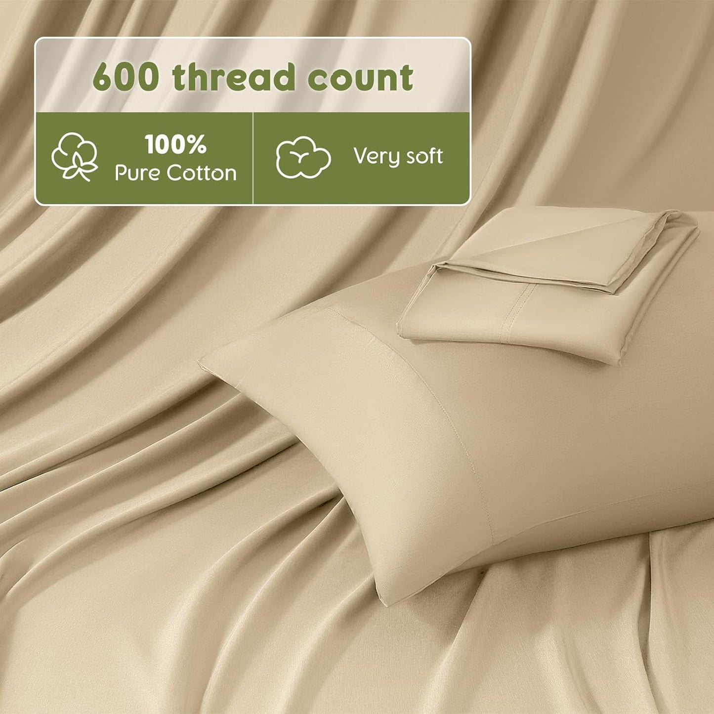 100% Egyptian Cotton Sheets King Size - 600 Thread Count, Luxury Hotel Quality Bedding Set, Soft Cooling Sateen Weave Bed Sheet Sets, 16" Deep Pocket - 4 Pc(Beige,King)