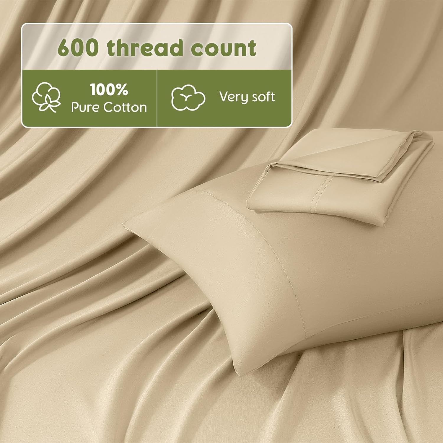 100% Egyptian Cotton Sheets King Size - 600 Thread Count, Luxury Hotel Quality Bedding Set, Soft Cooling Sateen Weave Bed Sheet Sets, 16" Deep Pocket - 4 Pc(Beige,King)