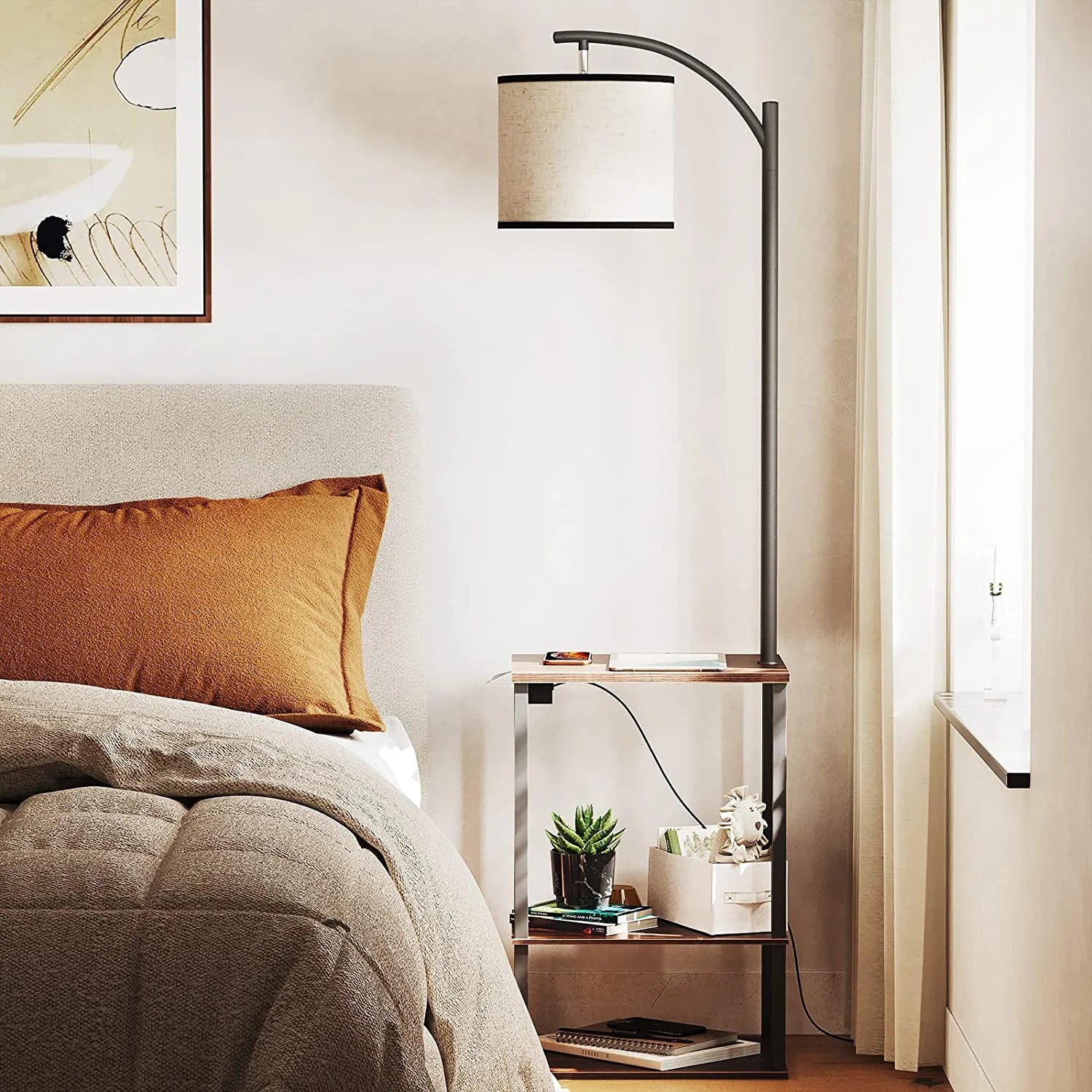 Floor Lamp with Table, End Table with Lamp for Living Room, Rustic End Table Lamp with Shelves, Walnut