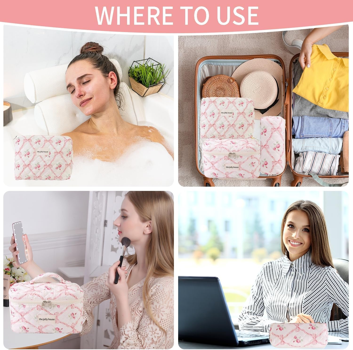3PCS Cotton Quilted Floral Makeup Bag Set for Women Girls, Cute Make up Bags with Brush Pockets, Large Wide-Open Toiletry Pouch Gifts for Toiletries Accessories Travelling Essentials