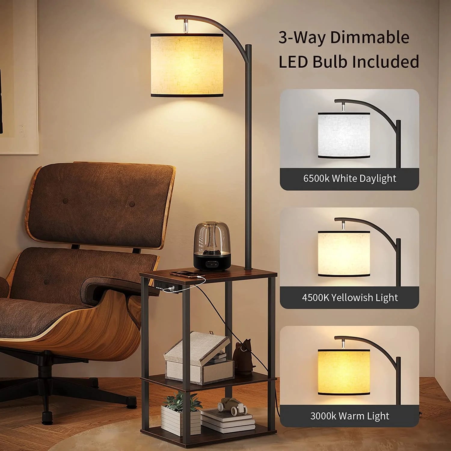Floor Lamp with Table, End Table with Lamp for Living Room, Rustic End Table Lamp with Shelves, Walnut