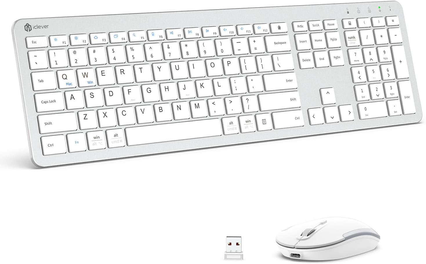 Wireless Keyboard and Mouse, GK08 White Keyboard Mouse Combo, Ergonomic, Quiet, Full Size Design with Number Pad, 2.4G Connection for Mac, Windows and Computer