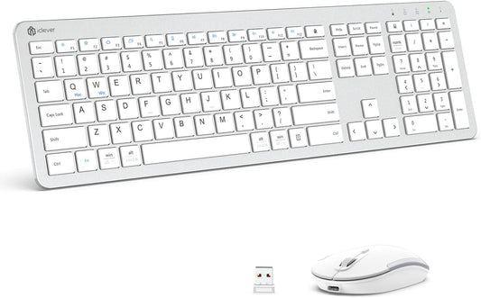 Wireless Keyboard and Mouse, GK08 White Keyboard Mouse Combo, Ergonomic, Quiet, Full Size Design with Number Pad, 2.4G Connection for Mac, Windows and Computer