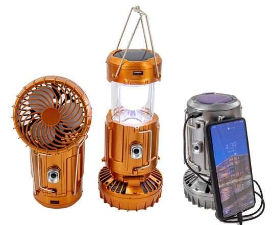 Large Solar Powered Lantern W/ Fan - Rechargeable Camping Flashlight Lamp W/ Battery Backup - Portable, Adjustable, Collapsible, Solar Charging Station - Rechargeable Fan with Light - Copper