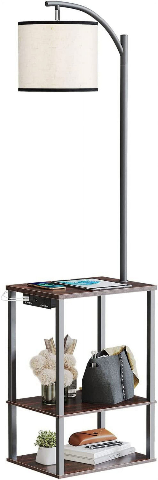 Floor Lamp with Table, End Table with Lamp for Living Room, Rustic End Table Lamp with Shelves, Walnut