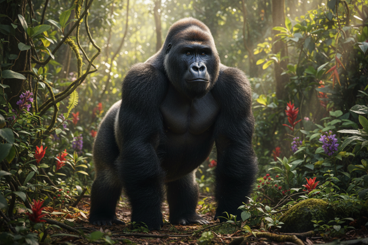 A realistic gorilla standing calmly in a lush jungle, soft natural sunlight filtering through the trees high detailed fur texture, natural anatomy ultra realistic, gental but powerful presence, intelligent eyes showing wisdom and care, cinematic ighting, shallow depth field, documentary photography, peaceful guardian 
