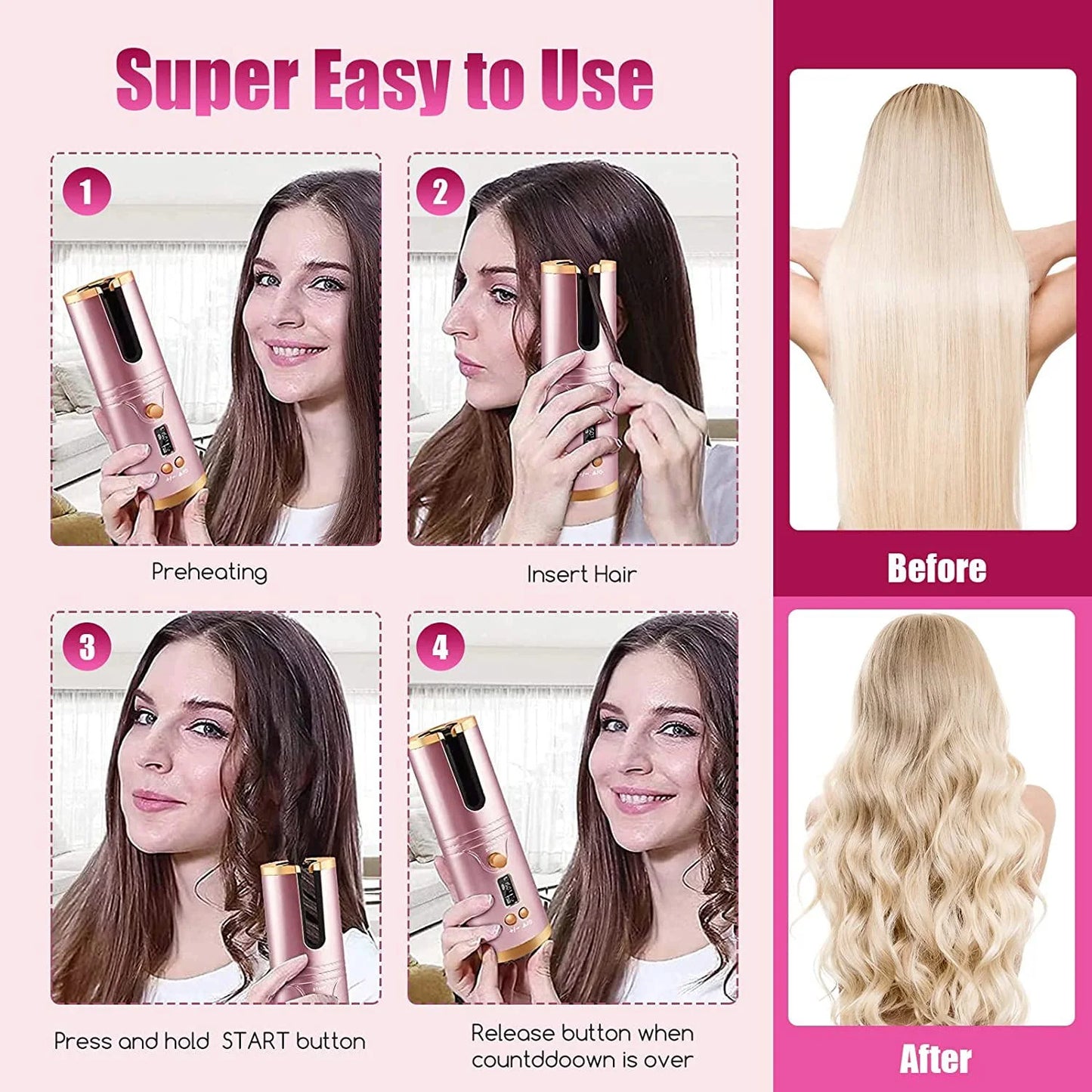Cordless Curling Iron,Automatic Curling Iron, Curly Hair Iron,Portable Rechargeable Fast Heating Hair Curling Wand with 6 Temps, Timer Setting, LCD Display, Prevent Scalding, USB Charging