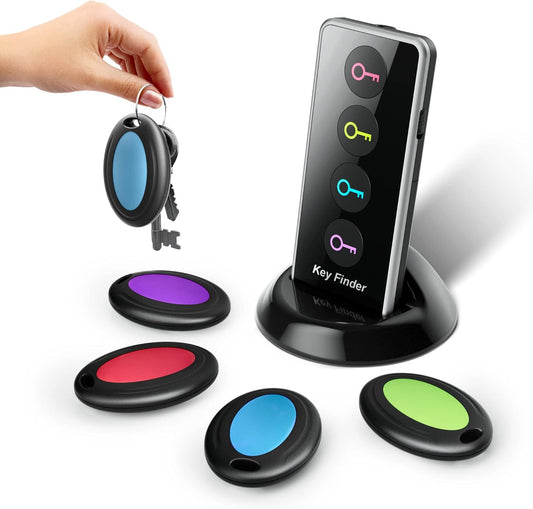 Wireless Key Finder with LED Light - Easy-To-Use Tracker for Seniors - Locate Keys, Phones, Wallets, and TV Remotes - Tracking Device Includes 4 Receivers and Remote Finder