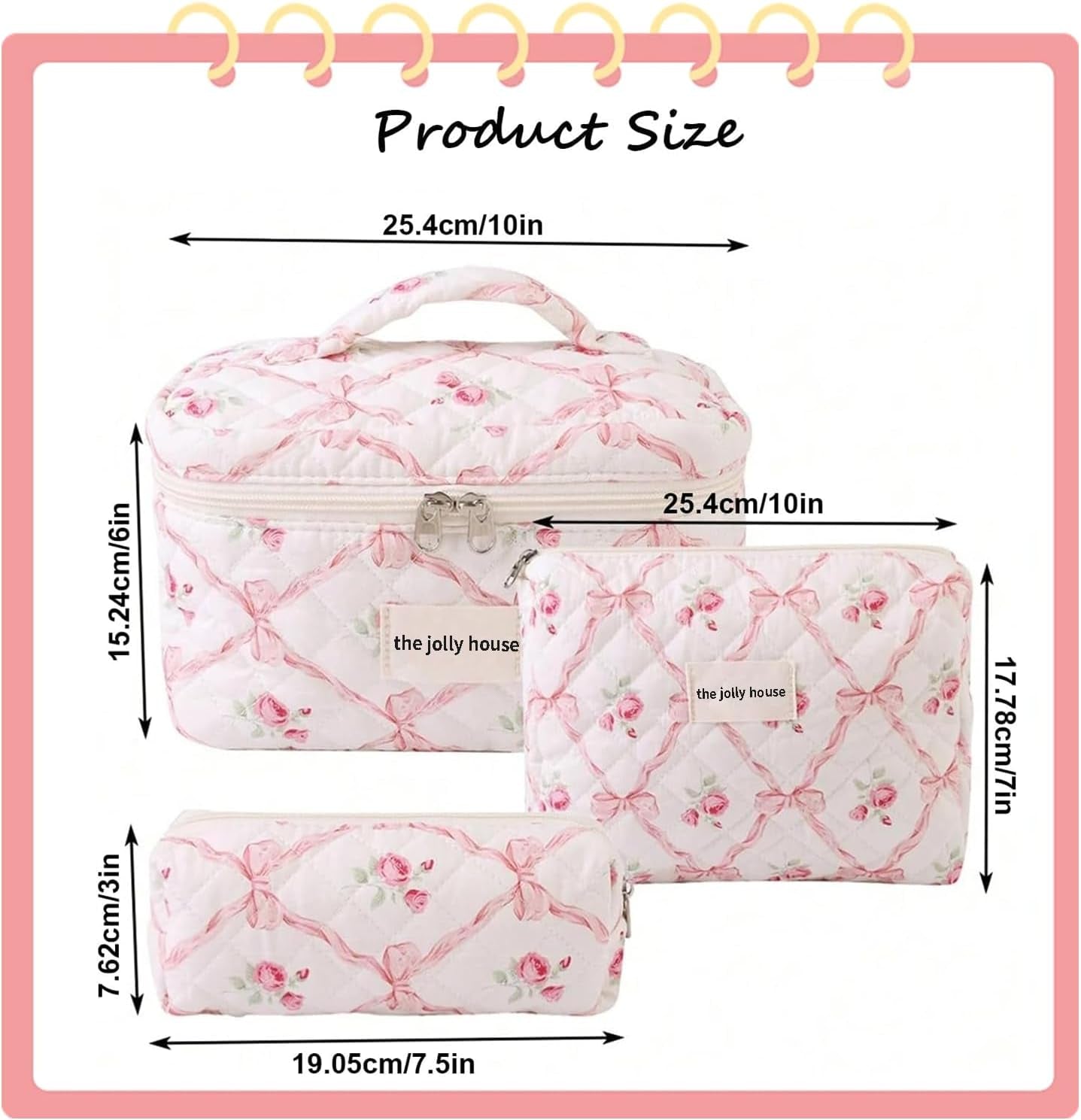 3PCS Cotton Quilted Floral Makeup Bag Set for Women Girls, Cute Make up Bags with Brush Pockets, Large Wide-Open Toiletry Pouch Gifts for Toiletries Accessories Travelling Essentials