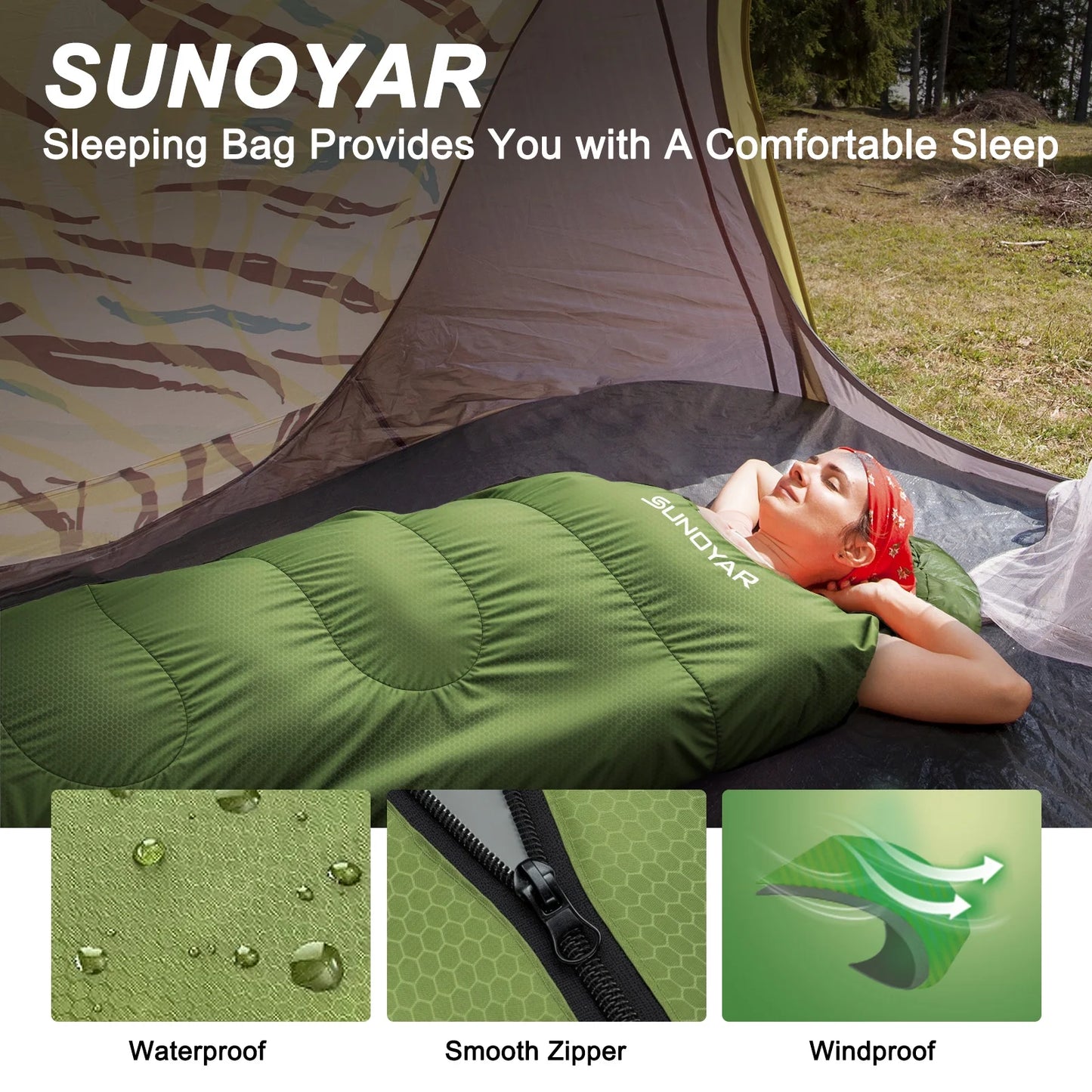 Sleeping Bag, Waterproof Portable Sleeping Bags for Adults with Compression Sack for All Season Camping, Hiking, Tent, Travel, Green