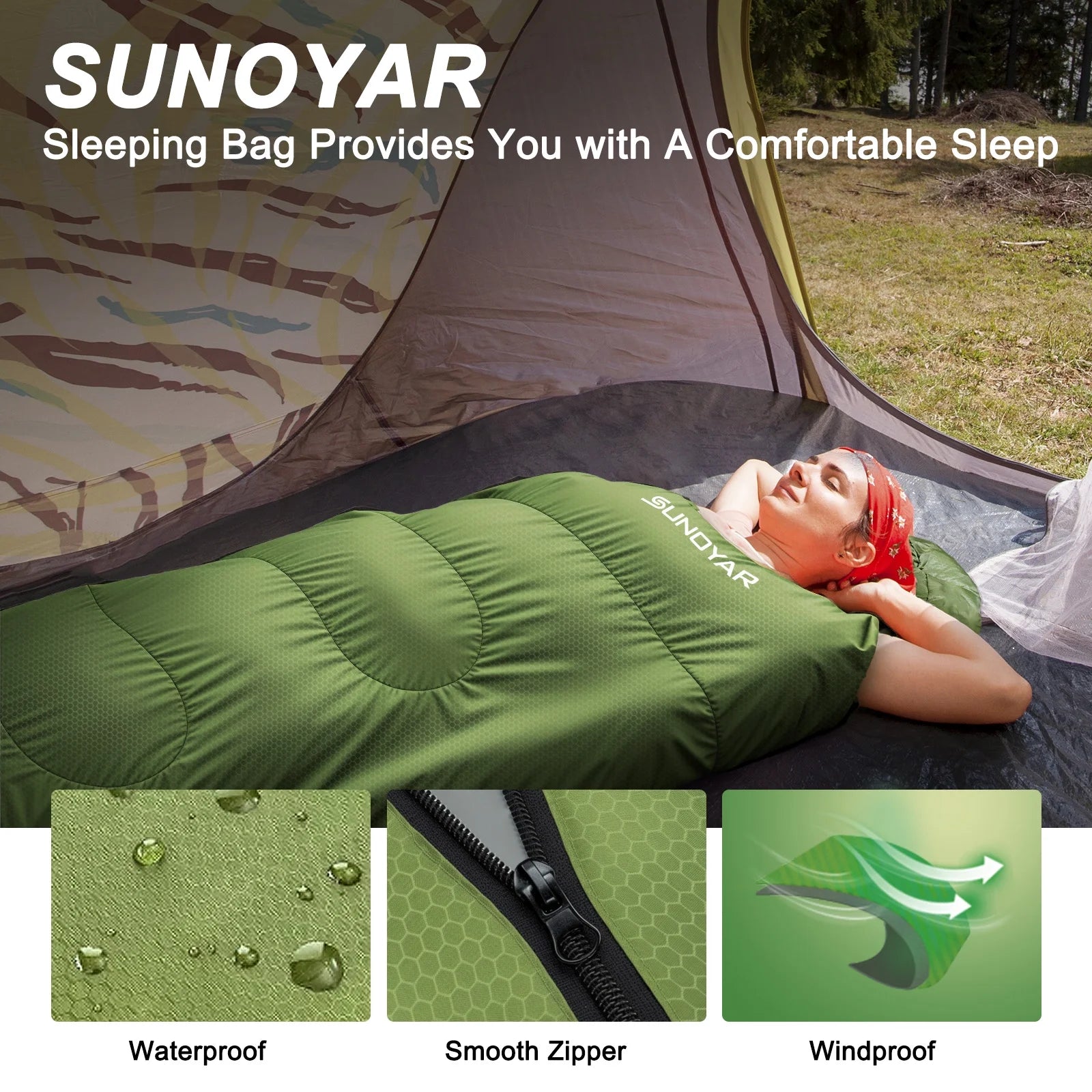 Sleeping Bag, Waterproof Portable Sleeping Bags for Adults with Compression Sack for All Season Camping, Hiking, Tent, Travel, Green