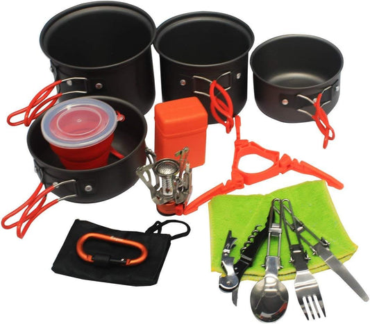 20Pcs Camping Cookware Backpacking Stove Mess Kit, Camping Pots and Pans Set with 2 Cups, Fork Spoon Utensil, Camping Cooking Set