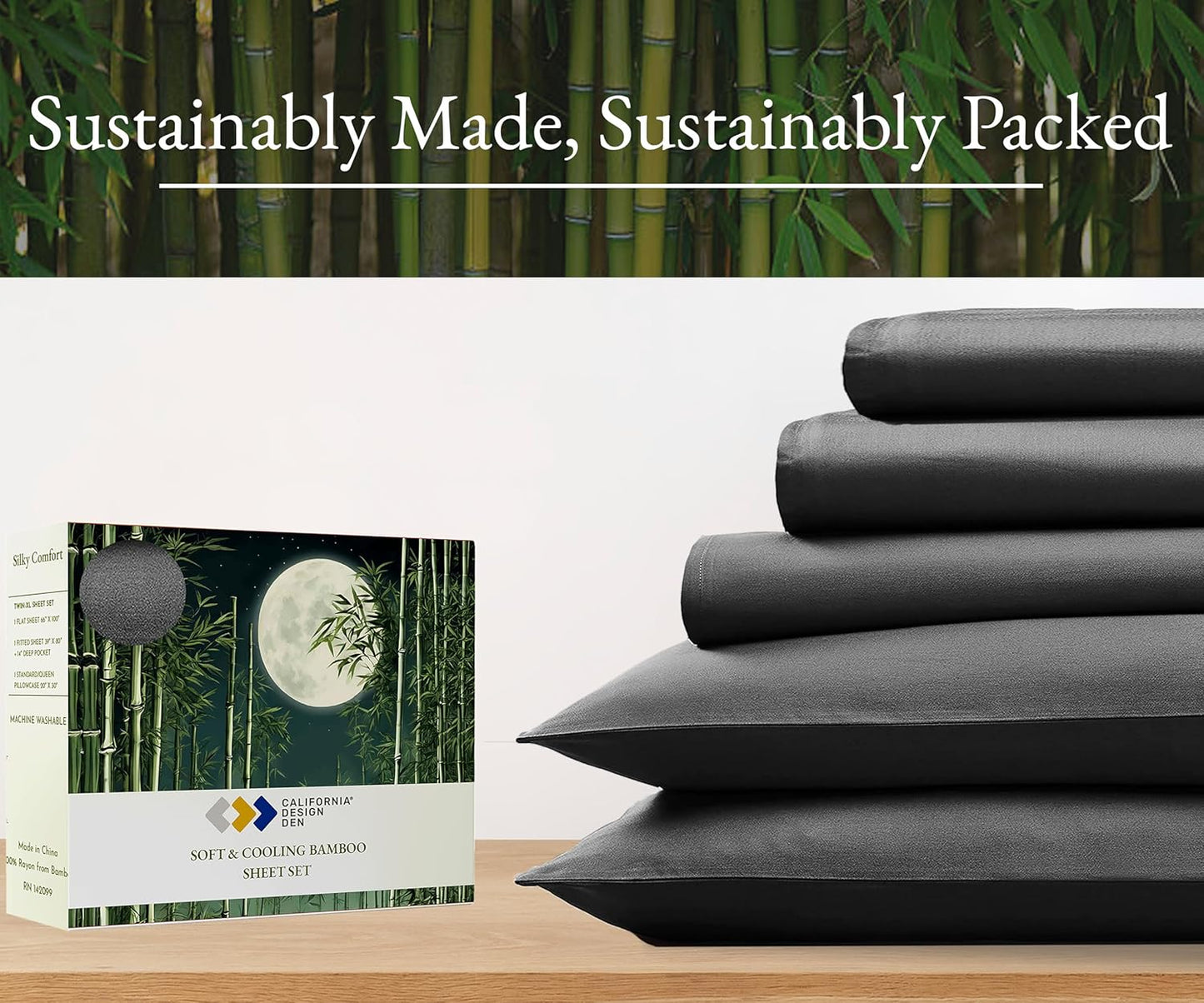Rayon from Bamboo Sheets Split King Size Sheet Set for Adjustable Bed, Includes Twin Deep Pocket Fitted Sheets, Soft & Cooling Grey Sheets (Split King, Grey)