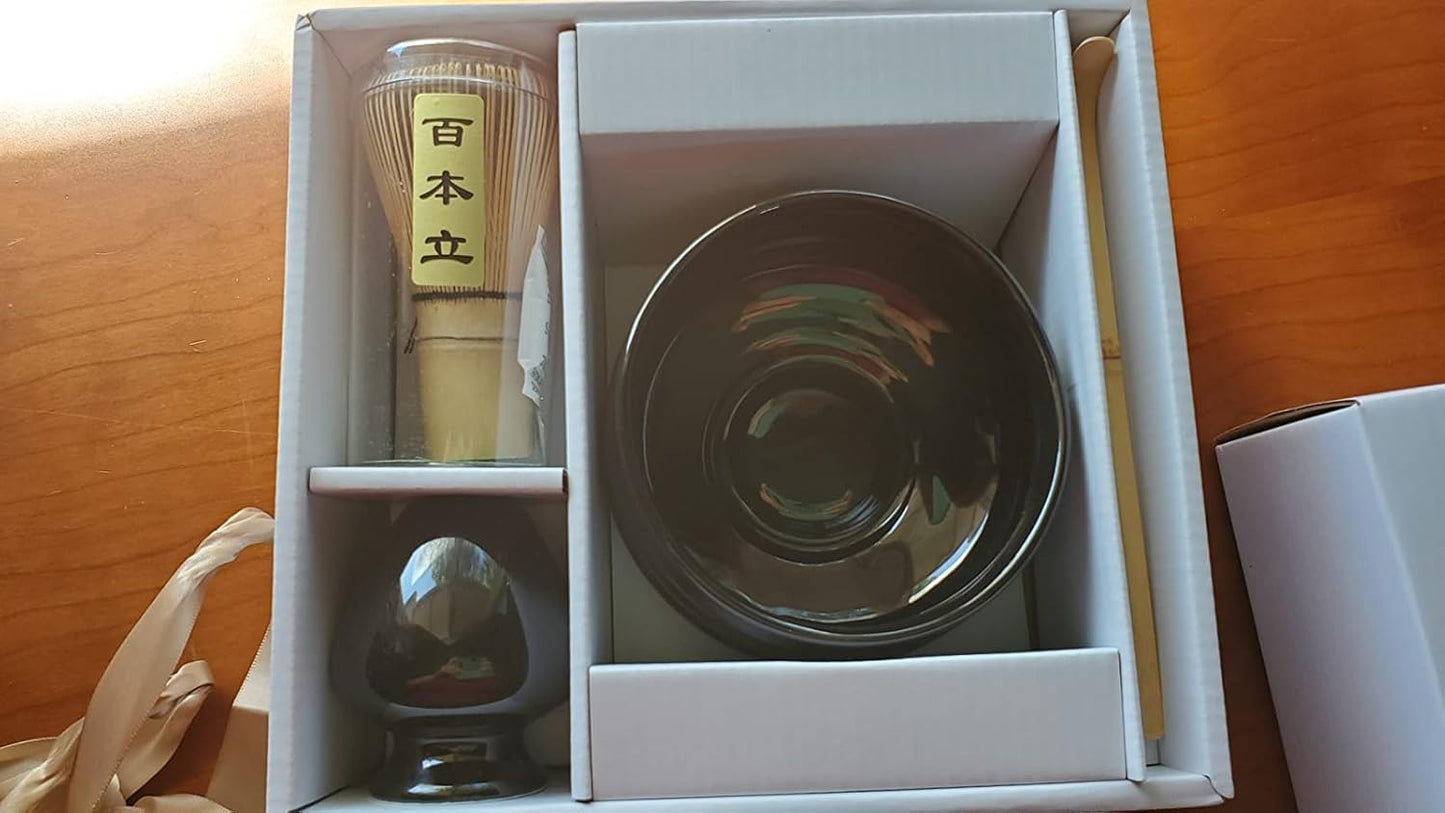SRC Japanese Matcha Tea Set - Matcha Set with Matcha Whisk and Bowl | 5-Piece Matcha Kit with Bamboo Scoop & Matcha Whisk Holder | Matcha Tea Kit with Instructions inside Matcha Handbook (Black)