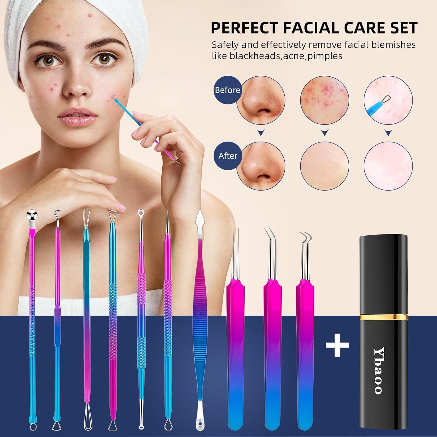 Pimple Popper Tool Kit -  10 Pcs Blackhead Remover Comedone Extractor Kit with Metal Case for Quick and Easy Removal of Blackheads, Zit Removing, Facial and Nose(Colorful)