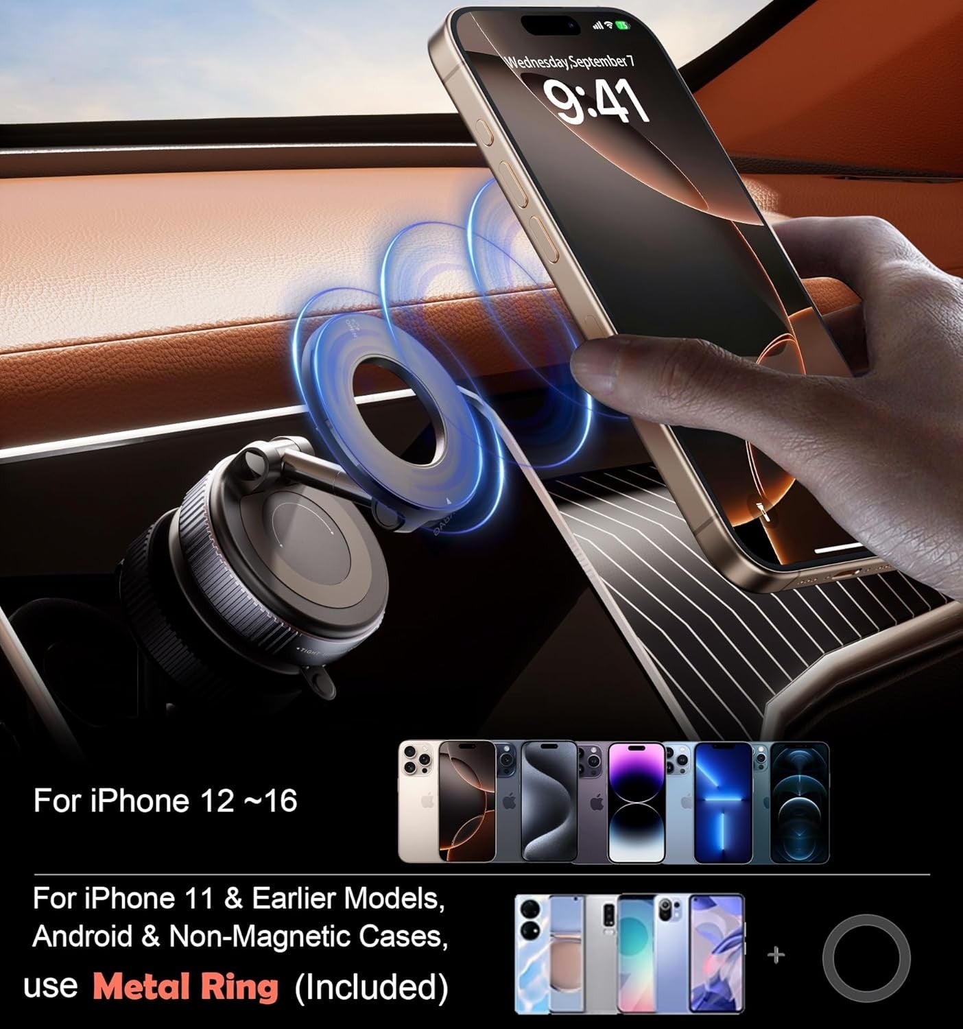 Strong Magnetic Car Phone Holder for Magsafe, Ultra Vacuum Suction Cup Black